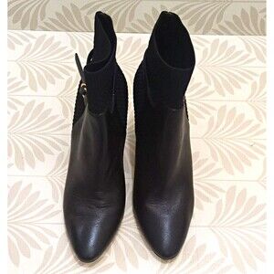 Cole Haan Women’s Black Leather Knit Ankle Bootie Block Heel Buckle US 5B